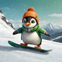 A chibi-inspired digital drawing of a round, big-eyed penguin wearing a green jacket, orange goggles, and a pompom hat. The penguin is snowboarding down a white, snowy slope with a simple, white backg