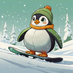 A chibi-inspired digital drawing of a round, big-eyed penguin wearing a green jacket, orange goggles, and a pompom hat. The penguin is snowboarding down a white, snowy slope with a simple, white backg