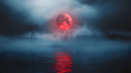 a painting of a red moon rising over a body of water in front of a dark, foggy sky.