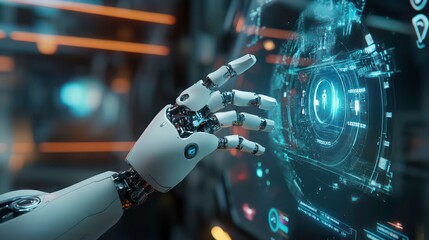 Fototapete - A robotic hand interacts with a futuristic holographic display.