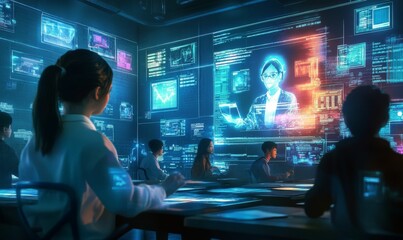 People in a futuristic office with screens.