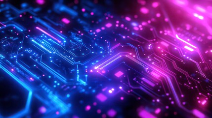 Aufkleber - Abstract glowing circuit board with blue and pink neon lights.