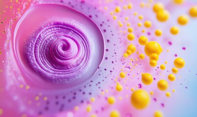 A swirl of purple and yellow paint with many small yellow balls