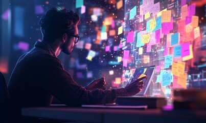Man working on laptop with colorful notes.