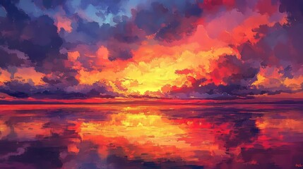 Wall Mural - A vibrant twilight sky with a rich blend of orange, red, and purple tones, reflecting on the calm waters below