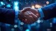 © thenort - Two businessmen shaking hands with a glowing network of connections in the background.