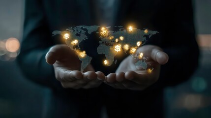 Aufkleber - A businessman holds a glowing world map with dollar signs representing global business opportunities.