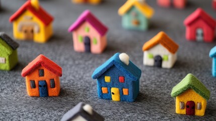 Colorful felt houses on a soft gray surface for educational and childcare settings