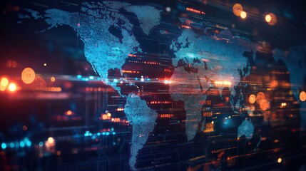 Poster - A digital world map with glowing lines and dots, representing global connectivity and data flow.