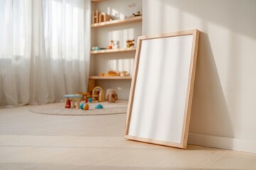 Minimalist nursery with blank wooden frame leaning against wall, sunlit room with Scandinavian-inspired decor