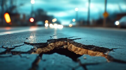 A close-up view of a cracked road surface with glowing street lights in the blurred background, capturing the essence of urban environments and infrastructure challenges.