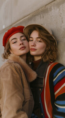 Wall Mural - Two women wearing hats and jackets are posing for a photo