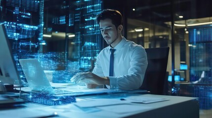 Leinwandbilder - A businessman in a white shirt and tie sits at his desk, working on a laptop in a modern office. His computer screen is filled with digital data and holographic projections.