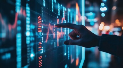 Poster - A hand points at a stock market graph on a large screen, with red and blue lines depicting market trends.