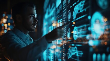 Aufkleber - A man in a white shirt stands in front of a large screen displaying various data and information. He is pointing at the screen with his right hand.