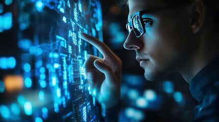 Poster - A man in glasses looks intently at a futuristic digital screen, touching the surface with his finger.