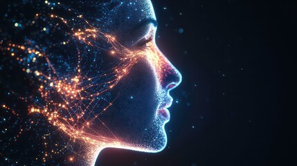 Poster - A digital rendering of a woman's face, made of glowing particles.