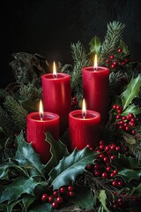 Cozy fourth Advent arrangement with four candles, holly leaves, red berries, and pine branches, creating a warm holiday ambiance. Traditional Christmas photography