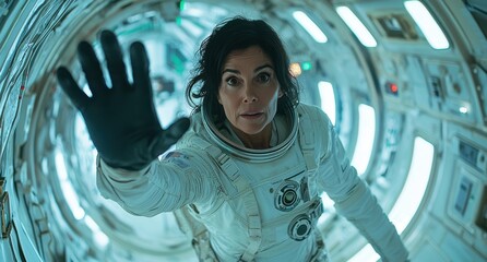 Wall Mural - cinematic capture of middle-aged female astronaut in space viewing earth through spacecraft's window