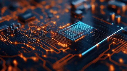 Aufkleber - Close-up of a circuit board with a glowing blue processor chip.
