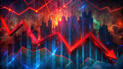 Wall Mural - dynamic financial market illustration with red declining graphs and urban skyline for economic theme