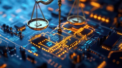 Aufkleber - A golden scale of justice sits on a circuit board, symbolizing the intersection of law and technology.