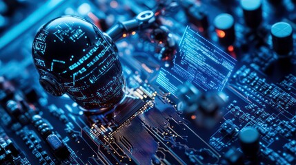 Aufkleber - A glowing, digital human head sits on a circuit board with glowing code surrounding it.
