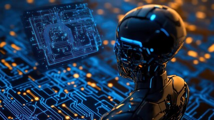 Fototapete - A futuristic robot with a glowing blue head looks at a holographic cube of data on a circuit board.