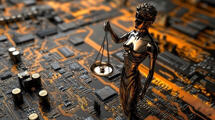 Aufkleber - A golden statue of Lady Justice stands on a circuit board, symbolizing the concept of justice and technology.