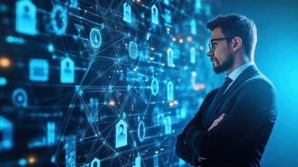 Poster - A businessman with arms crossed, looking at a wall of digital data and icons, contemplating the future of technology.
