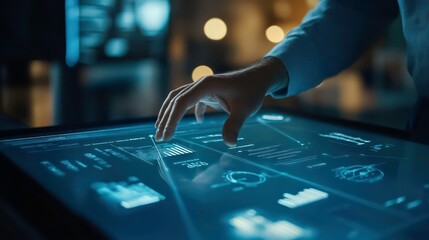 Aufkleber - A hand interacts with a futuristic touch screen interface displaying data and charts.