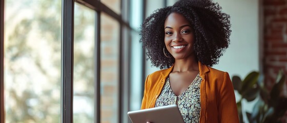 Smiling woman with tablet in modern workspace