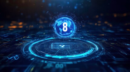 Leinwandbilder - A futuristic digital globe with the number 8 on it, surrounded by blue glowing rings on a dark background.