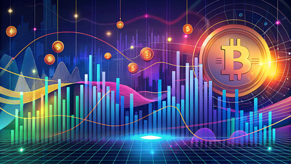 Wall Mural - cryptocurrency investment concept with bitcoin symbol and colorful financial charts in digital style