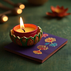 A creative and intricate Diwali greeting card with floral patterns and diyas background by ai