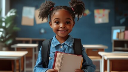 childhood, school and education concept - happy little african american girl with book and backpack over classroom background