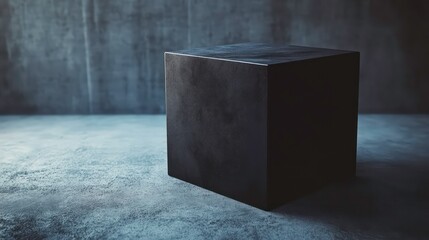 Poster - A black cube sits on a concrete floor in front of a concrete wall.