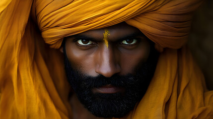 A man in a turban and yellow scarf gazes into the camera