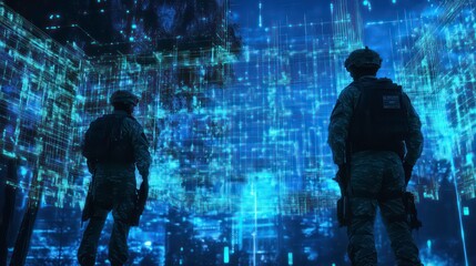 Aufkleber - Two soldiers stand in front of a large digital screen filled with data and code, symbolizing the advancement of technology in warfare.