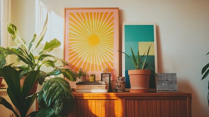 Stylish interior with a wooden cabinet adorned with potted plants, decorative objects, and books with a vibrant art piece featuring a sunburst design adding a pop of color