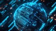 © CoolPook - A glowing blue circuit board forming a globe, symbolizing global data transmission and futuristic technology. Digital lines and lights pulse around the spherical shape.