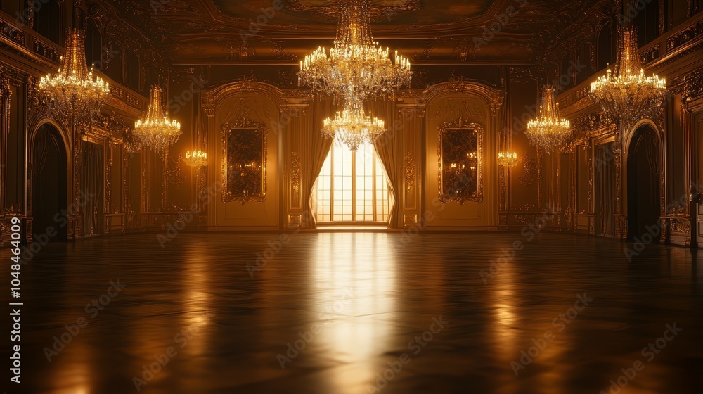Elegant Grand Hall with Crystal Chandeliers and Illuminated Windows ...