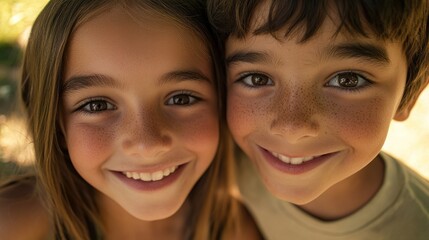 Close up of pre-teen friends in a park smiling to camera