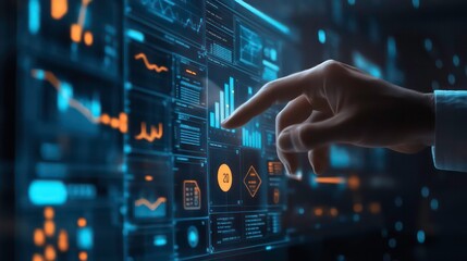 Aufkleber - A hand reaches out to touch a glowing, interactive screen displaying data, graphs and statistics.