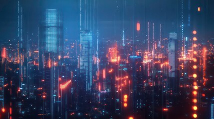 Aufkleber - Abstract futuristic cityscape with glowing lights and digital lines.