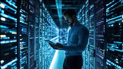Poster - A man in a server room, looking at a tablet, with rows of servers behind him.
