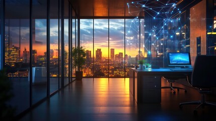 Poster - Modern office with a city skyline view at sunset, featuring a glowing network connection graphic.