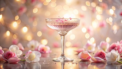 Sticker - A delicate pink cocktail with rose petals in a crystal coupe glass surrounded by soft pink petals and warm glowing lights.