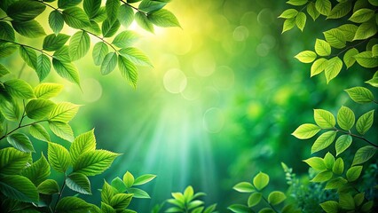 Sticker - A vibrant green frame of leaves with sunbeams piercing through a blurry background of foliage.