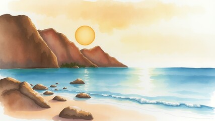 Wall Mural - A watercolor painting of a serene beach scene with mountains in the background.